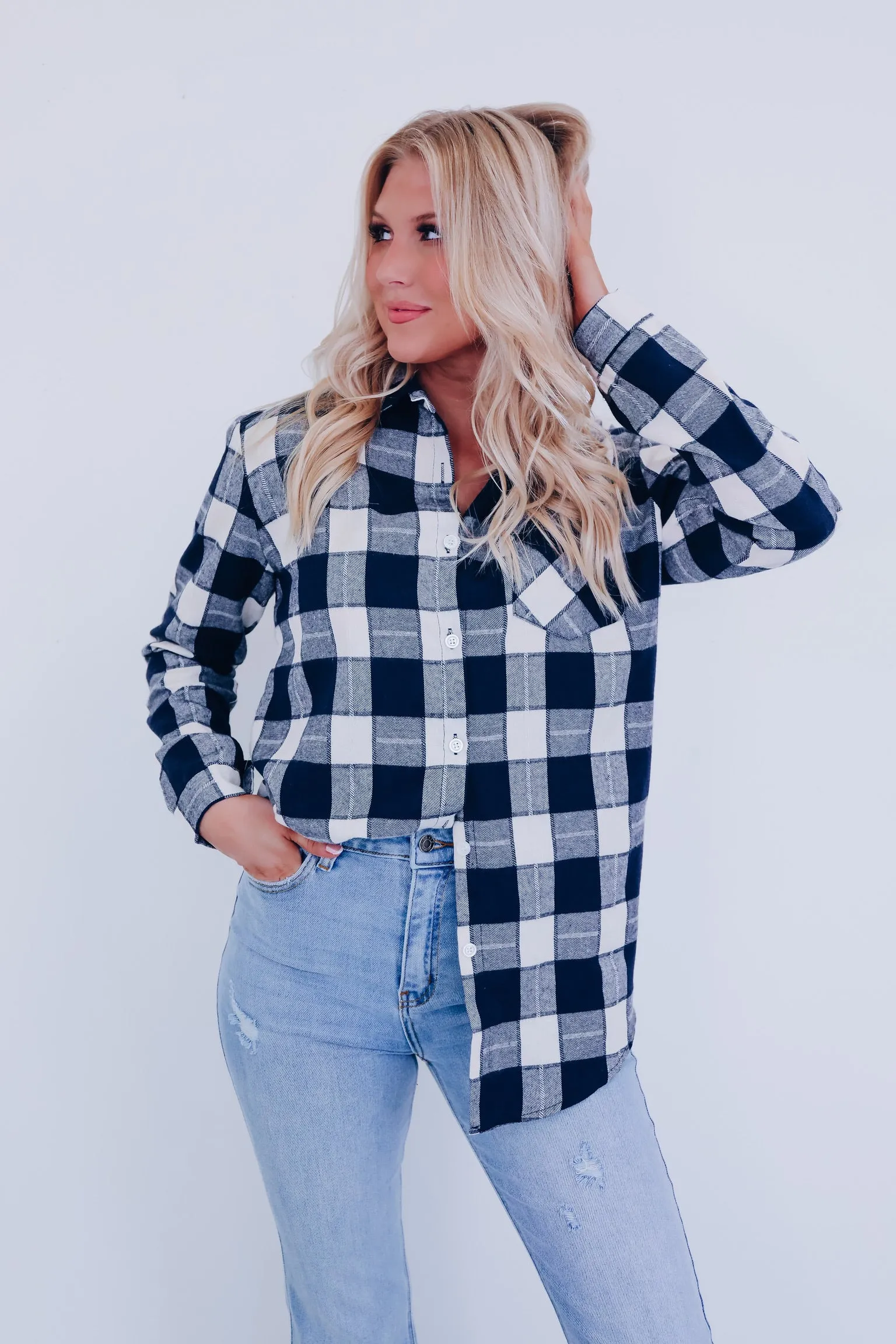 Pops Plaid Long Flannel Shirt - Navy