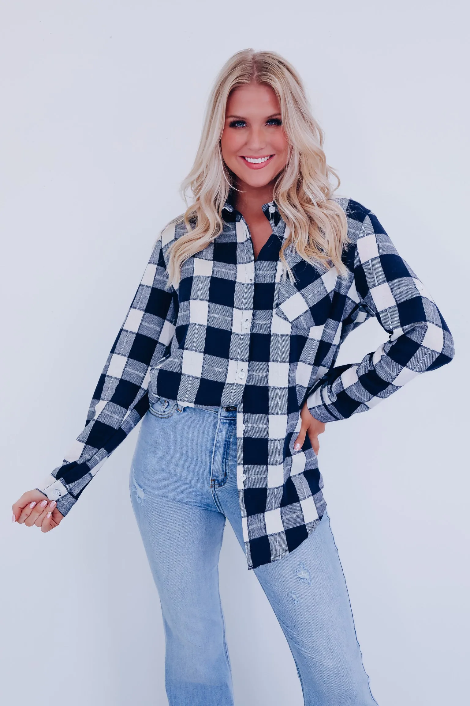 Pops Plaid Long Flannel Shirt - Navy