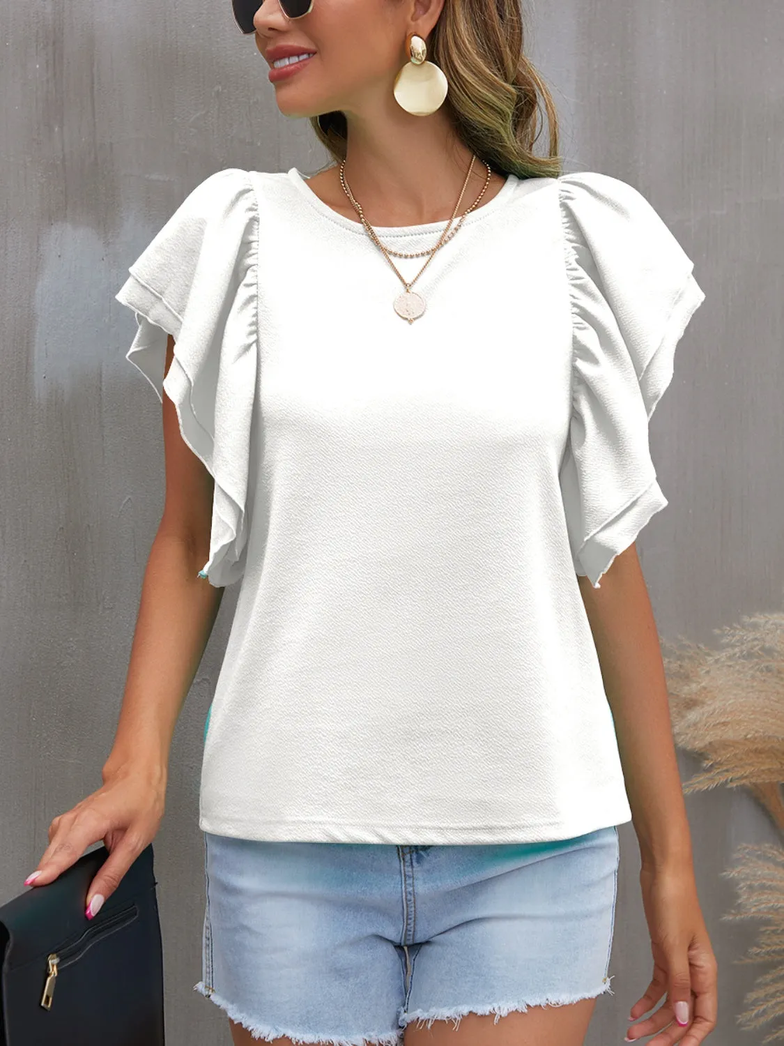 Portia Round Neck Flounce Sleeve Blouse