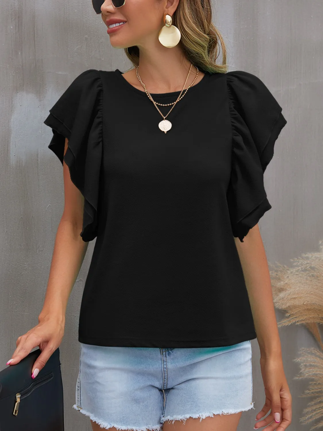 Portia Round Neck Flounce Sleeve Blouse