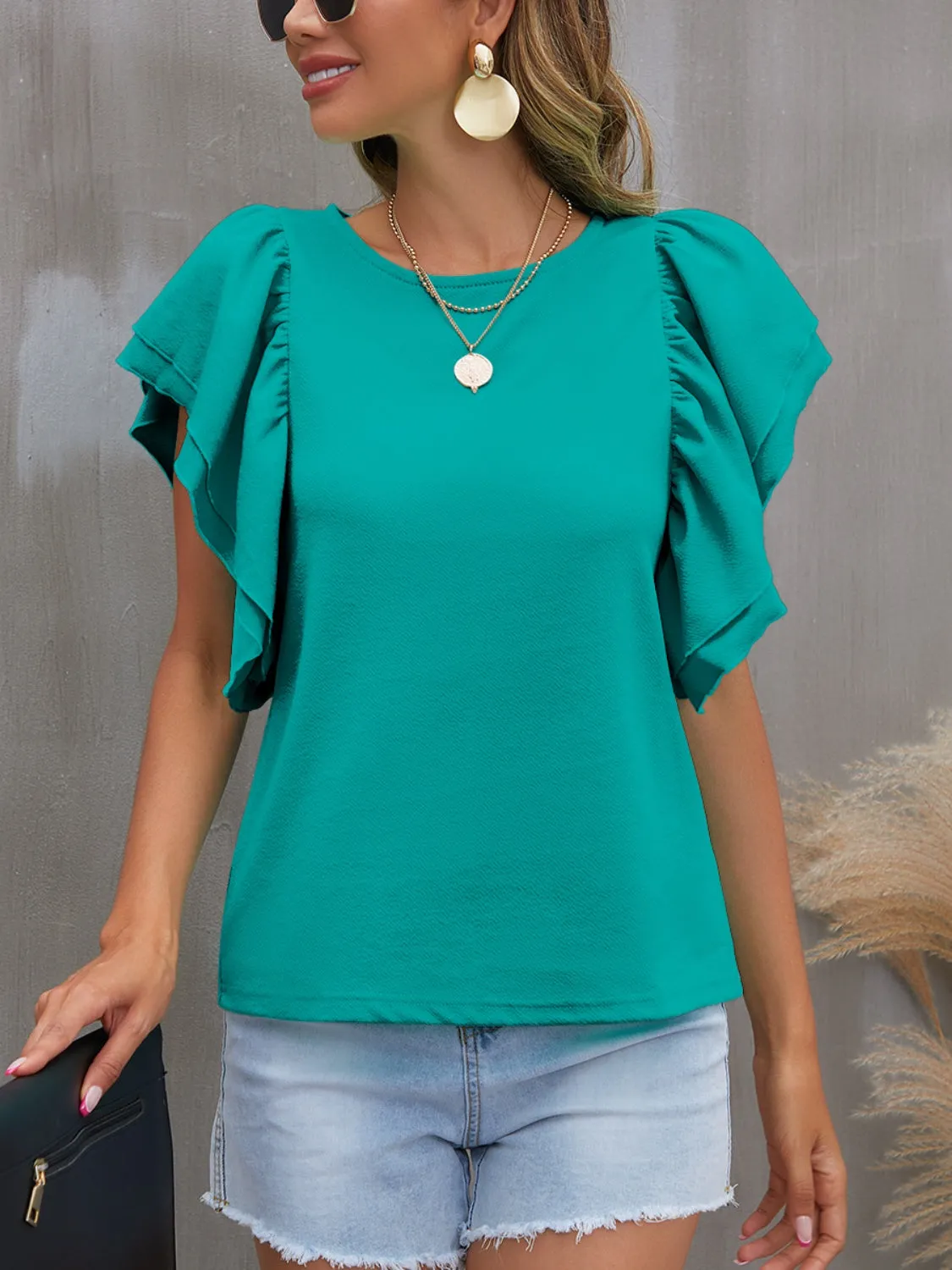 Portia Round Neck Flounce Sleeve Blouse