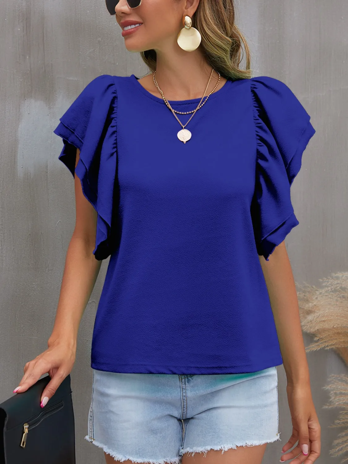 Portia Round Neck Flounce Sleeve Blouse