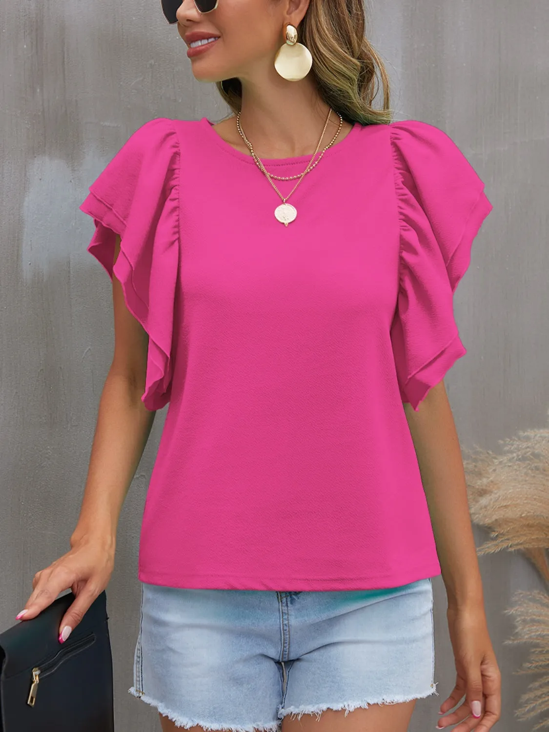 Portia Round Neck Flounce Sleeve Blouse