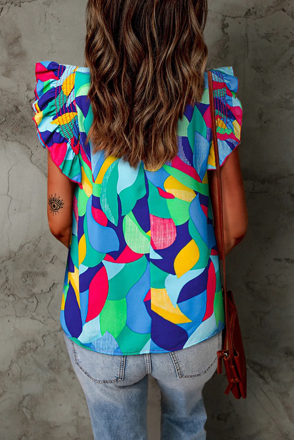 Print Stitching Ruffle Sleeve Blouse