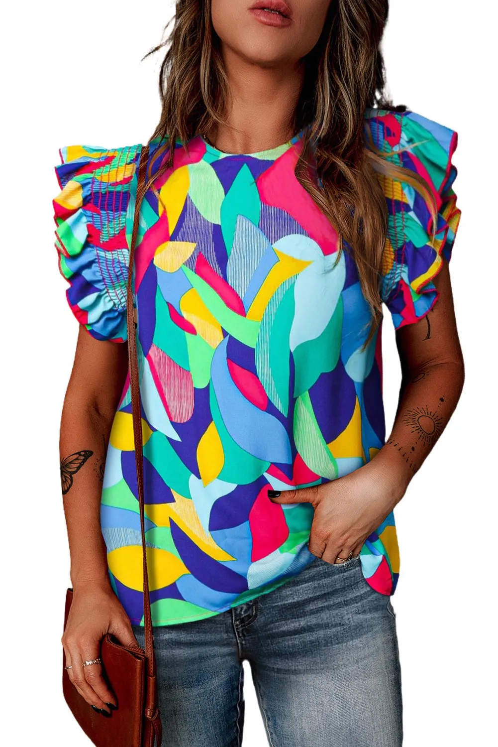 Print Stitching Ruffle Sleeve Blouse
