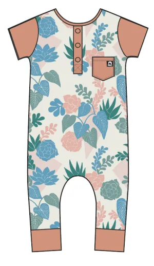 Rags Short Sleeve Henley Pocket Rag Romper: Succulent Revival
