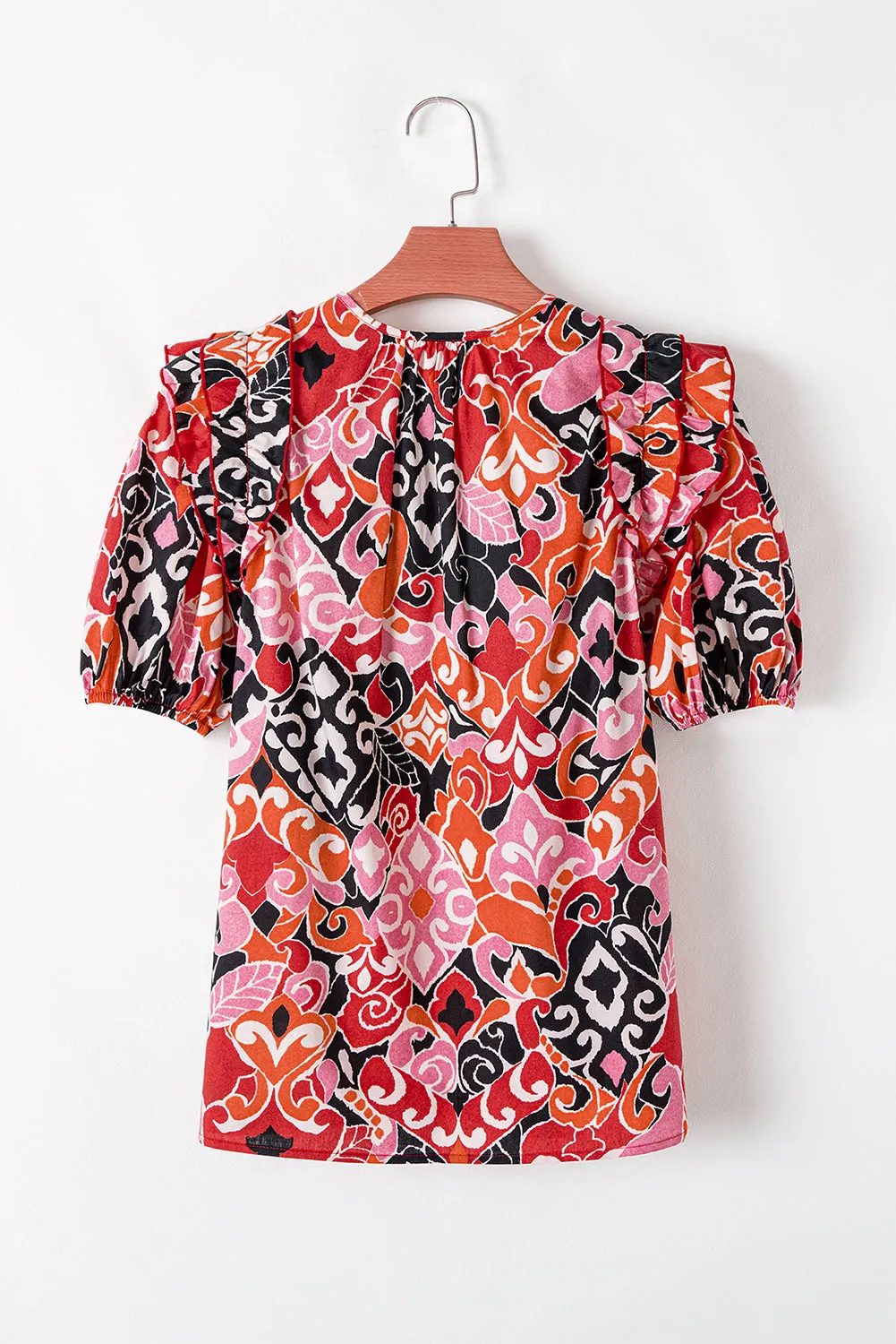Red Ethnic Print Split Neck Short Puff Sleeve Blouse