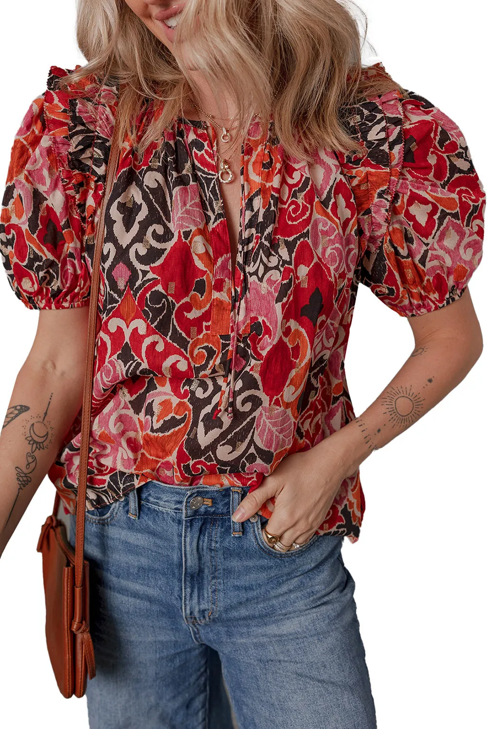 Red Ethnic Print Split Neck Short Puff Sleeve Blouse