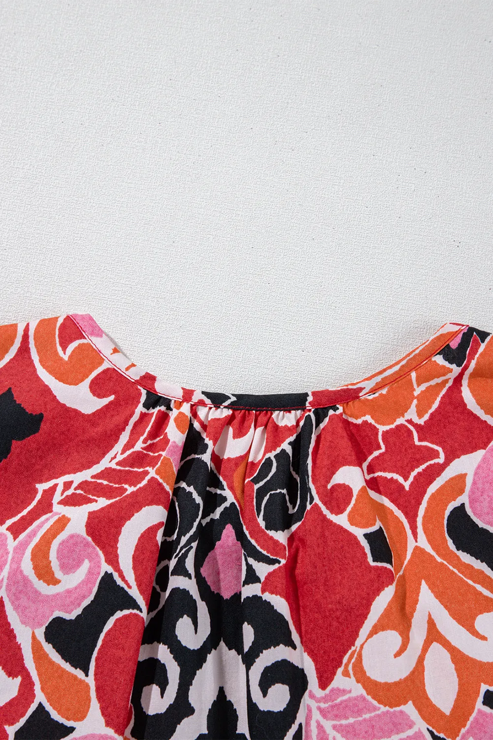 Red Ethnic Print Split Neck Short Puff Sleeve Blouse
