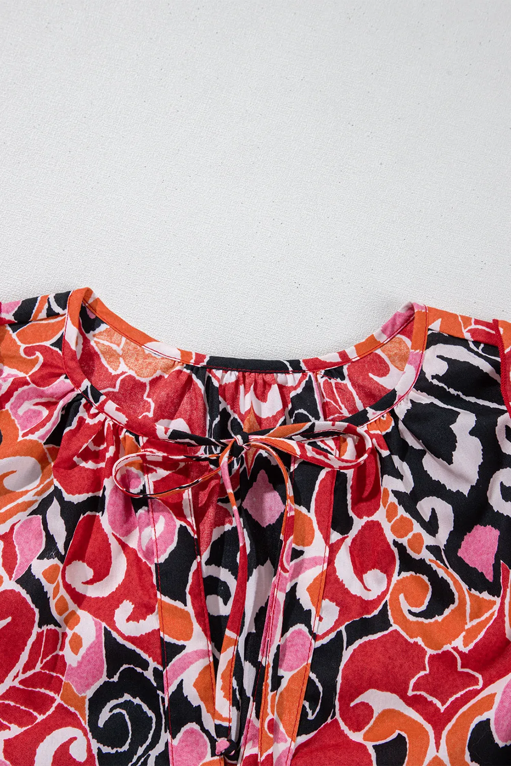 Red Ethnic Print Split Neck Short Puff Sleeve Blouse