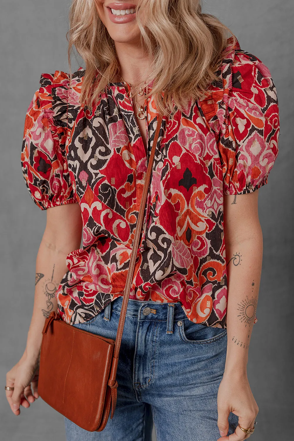 Red Ethnic Print Split Neck Short Puff Sleeve Blouse
