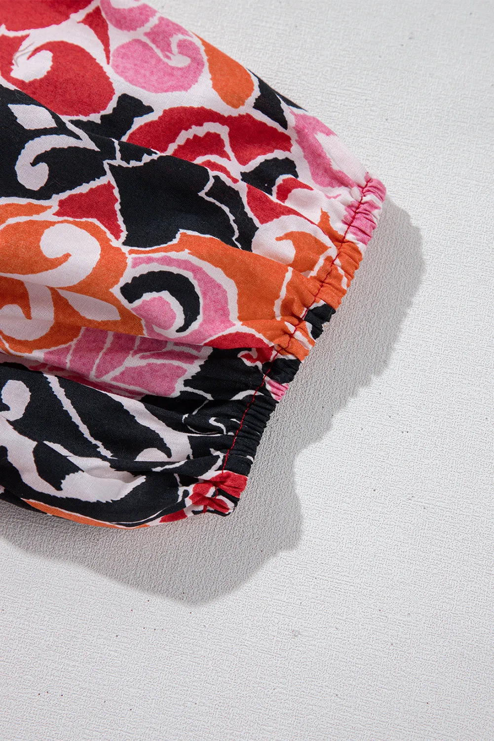 Red Ethnic Print Split Neck Short Puff Sleeve Blouse