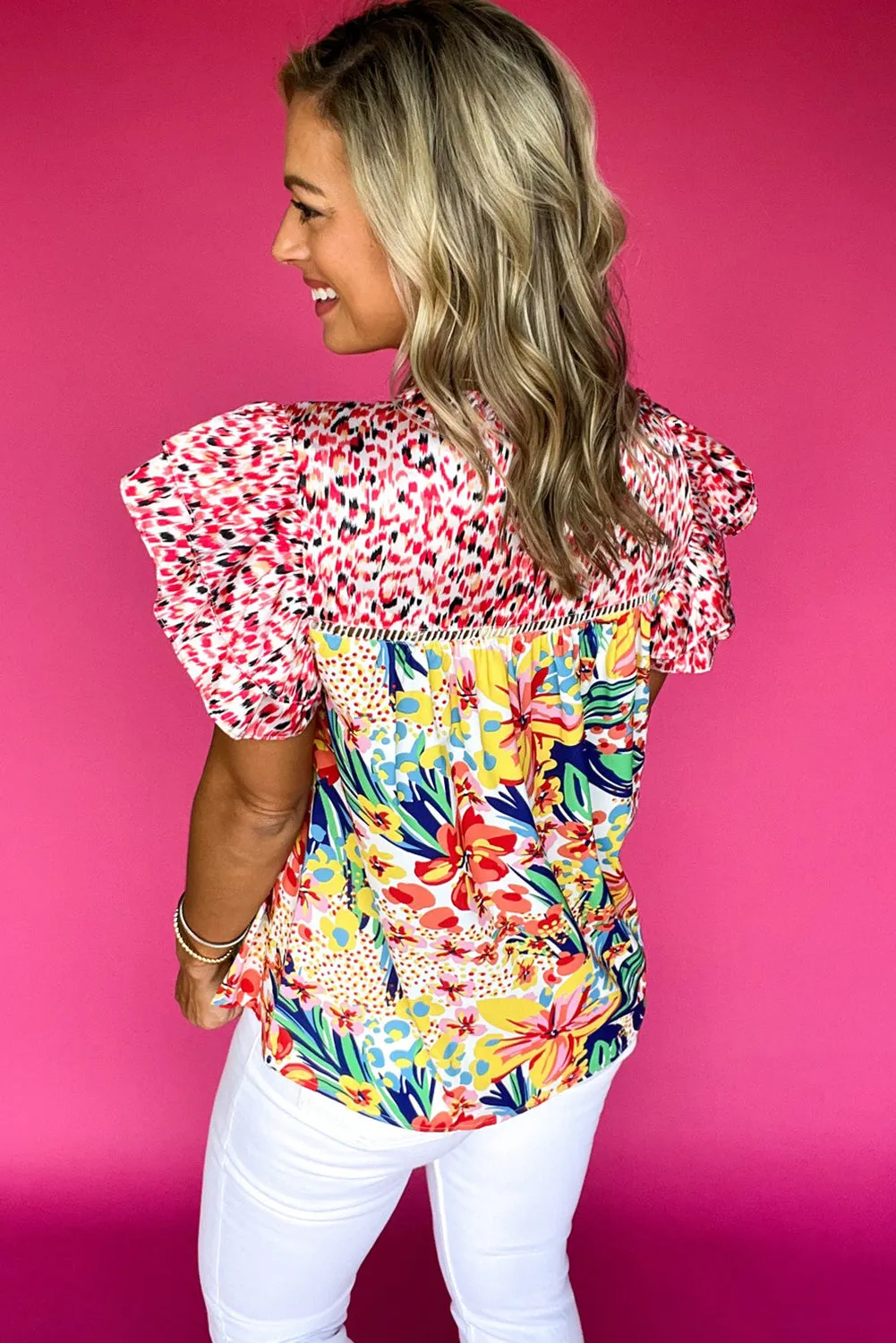Red Floral Mixed Print Ruffle Cap Sleeve Blouse
