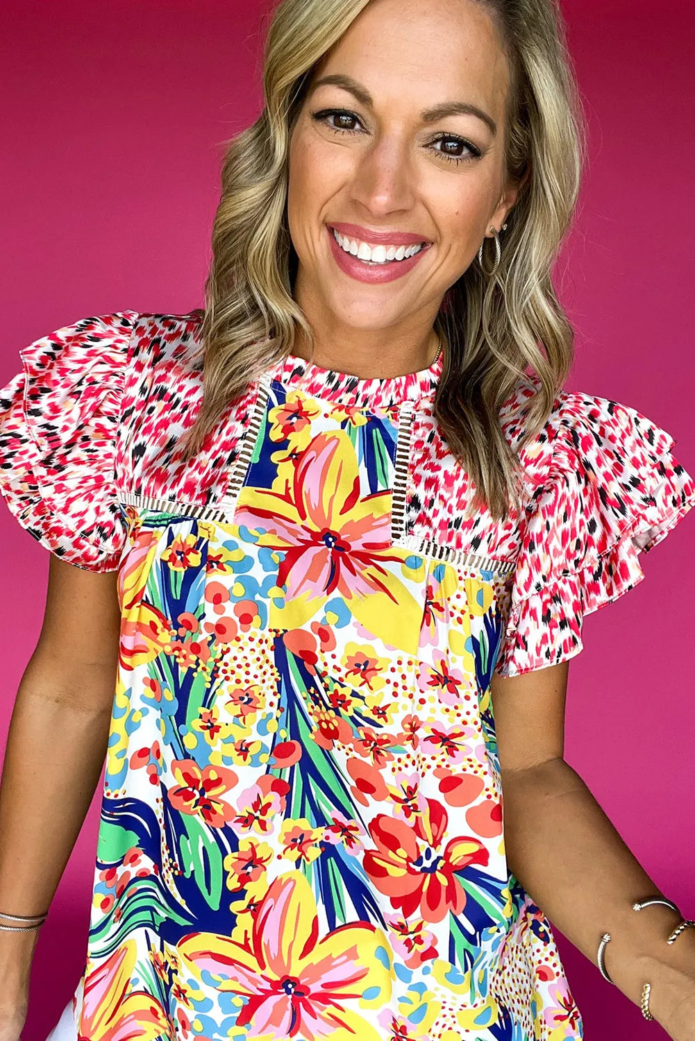 Red Floral Mixed Print Ruffle Cap Sleeve Blouse
