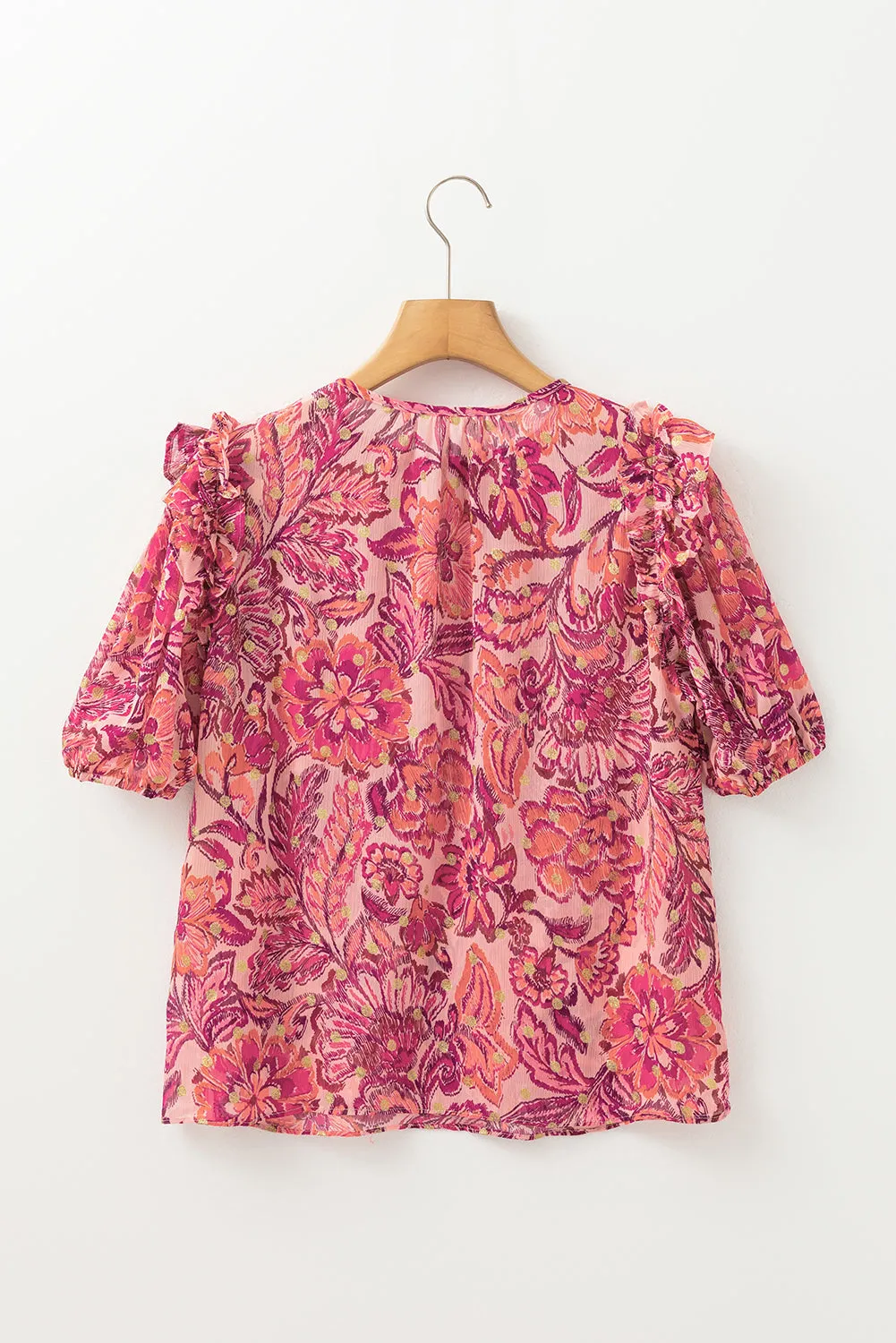 Red Floral Print Ruffled Puff Short Sleeve Blouse
