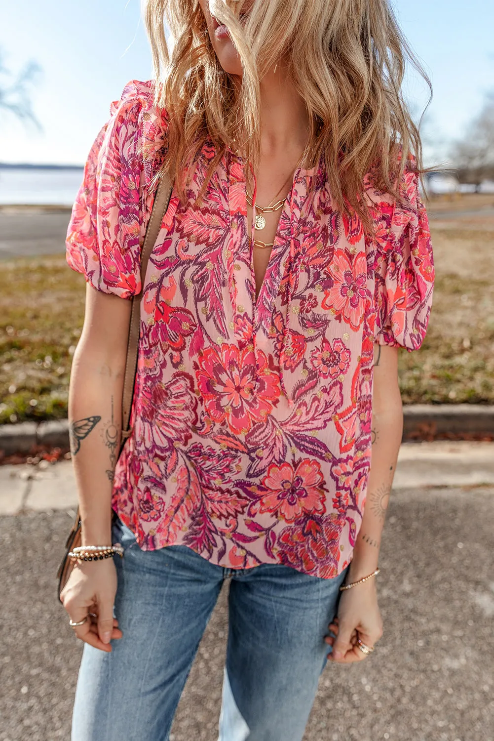 Red Floral Print Ruffled Puff Short Sleeve Blouse