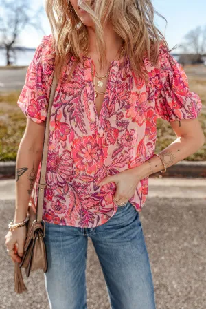 Red Floral Print Ruffled Puff Short Sleeve Blouse