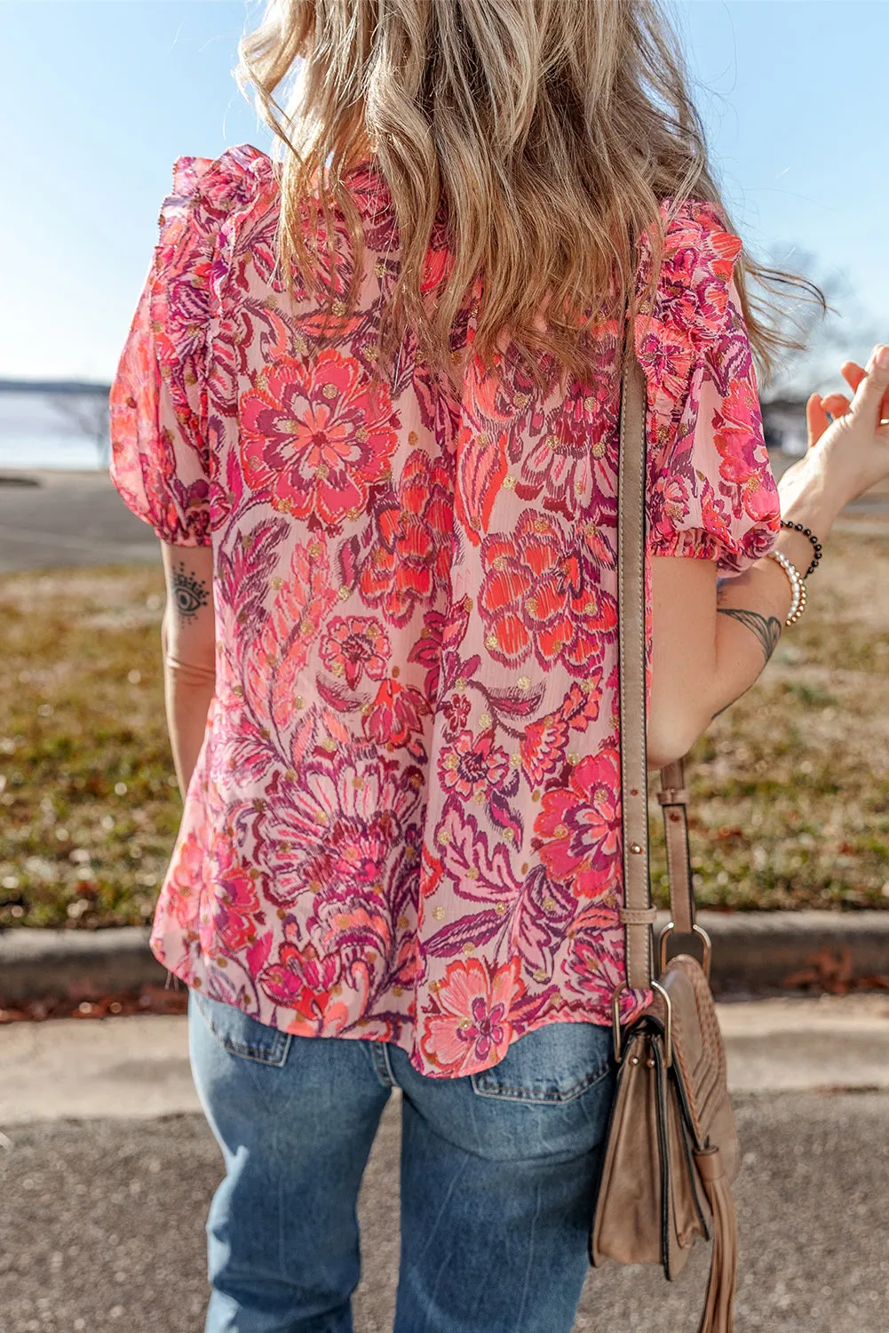 Red Floral Print Ruffled Puff Short Sleeve Blouse