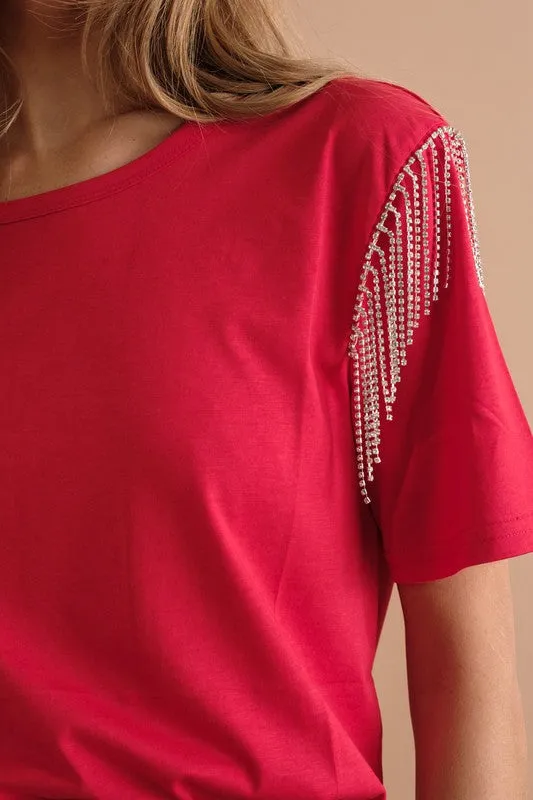 Rhinestone Fringe T Shirt - Blue B
