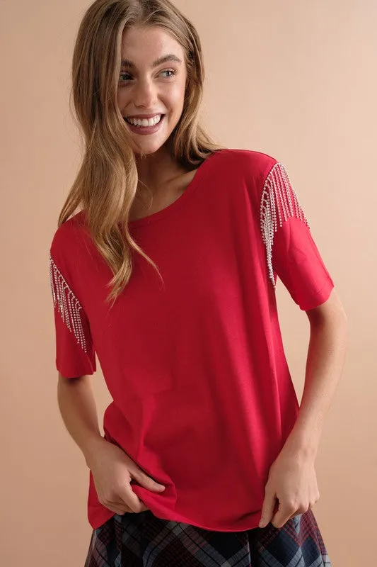 Rhinestone Fringe T Shirt - Blue B