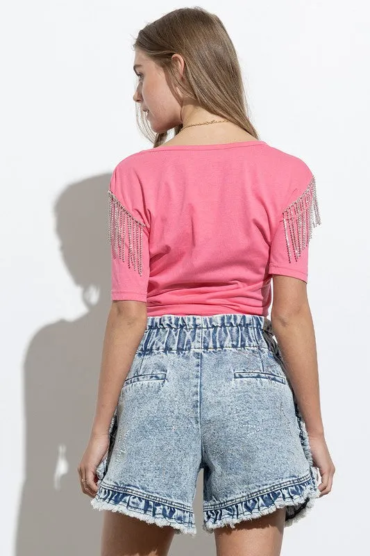 Rhinestone Fringe T Shirt - Blue B