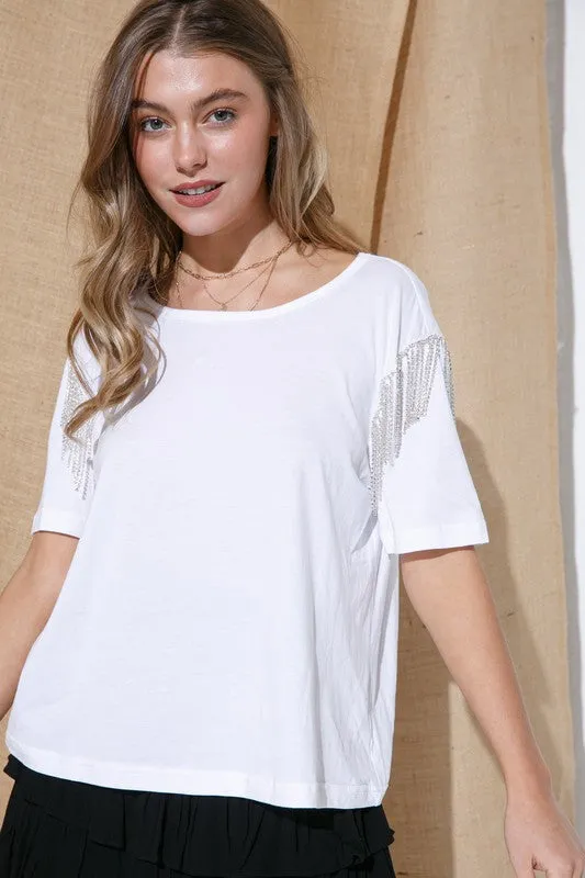 Rhinestone Fringe T Shirt - Blue B