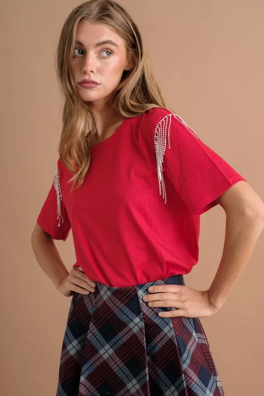 Rhinestone Fringe T Shirt - Blue B