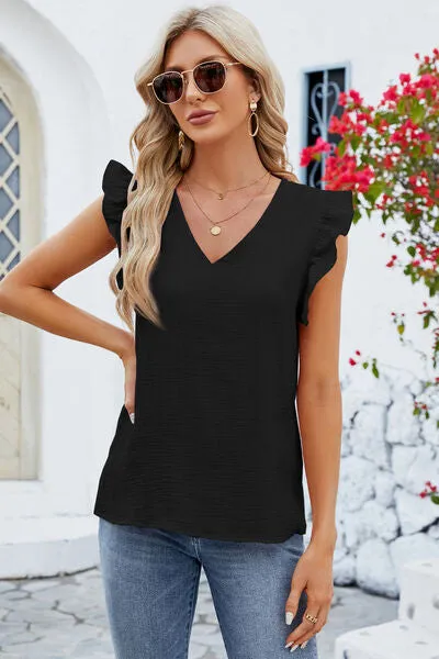 Rooney Ruffled V-Neck Cap Sleeve Blouse