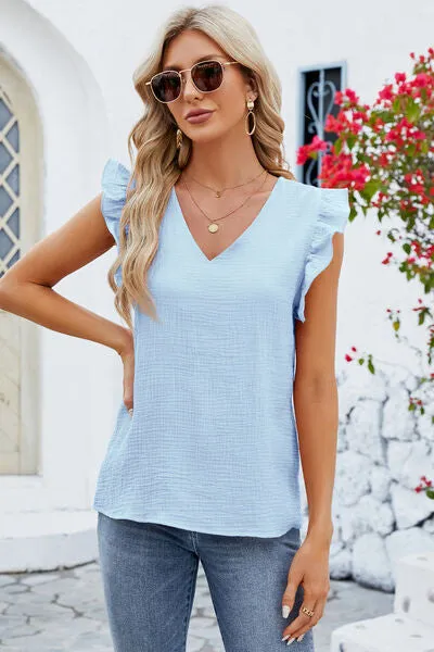 Rooney Ruffled V-Neck Cap Sleeve Blouse