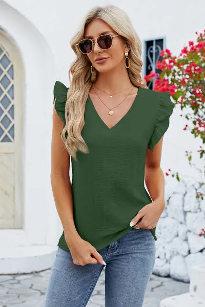 Rooney Ruffled V-Neck Cap Sleeve Blouse