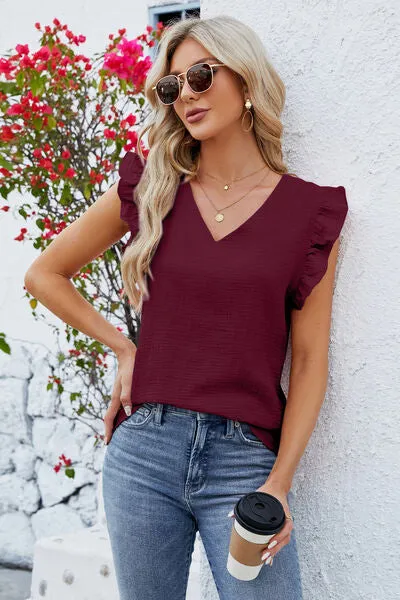 Rooney Ruffled V-Neck Cap Sleeve Blouse