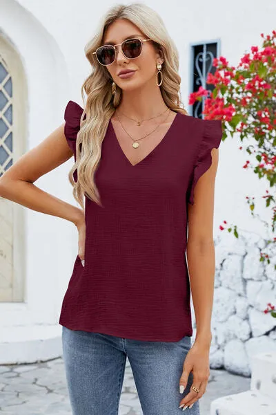 Rooney Ruffled V-Neck Cap Sleeve Blouse