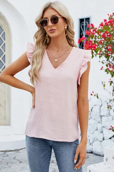 Rooney Ruffled V-Neck Cap Sleeve Blouse