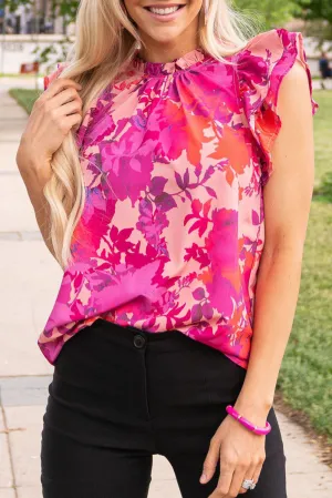 Rose Floral Flutter Sleeves Frilled Neck Blouse