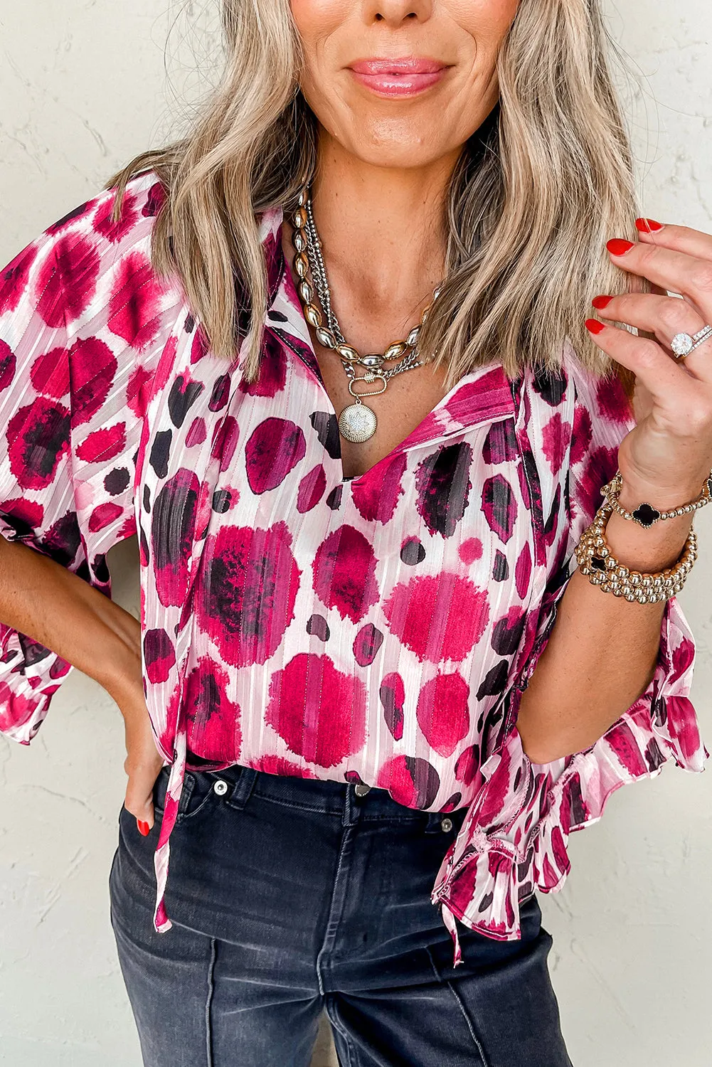 Rose Metallic Threading Accents Pleated Abstract Printed Ruffled 3/4 Sleeve Blouse