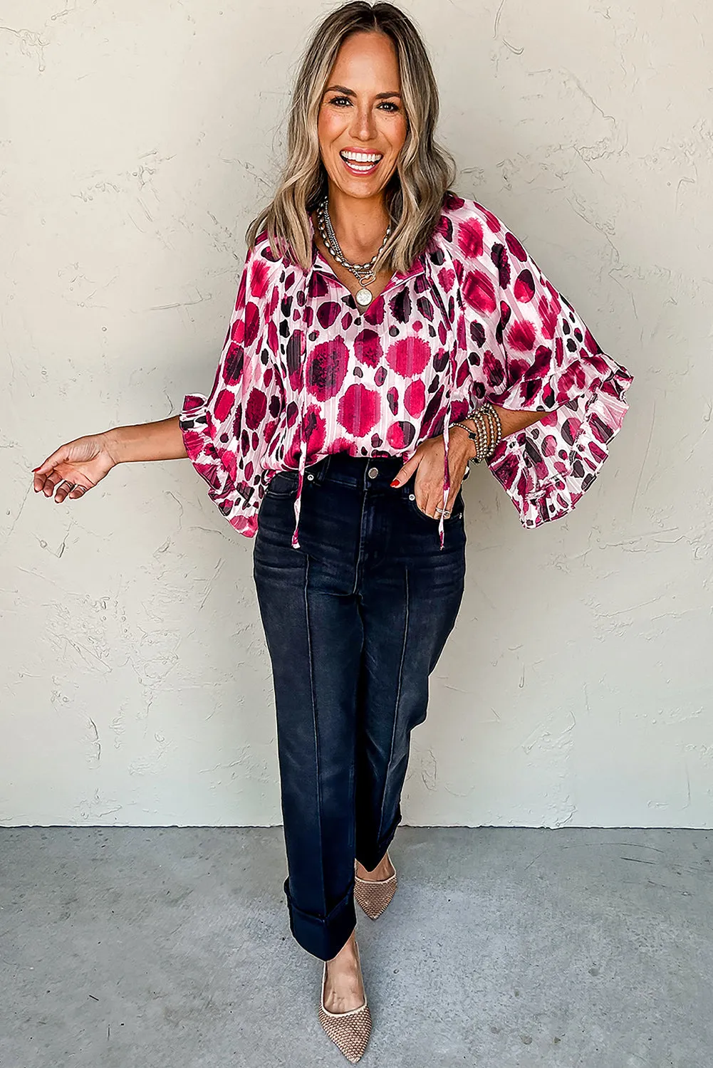 Rose Metallic Threading Accents Pleated Abstract Printed Ruffled 3/4 Sleeve Blouse