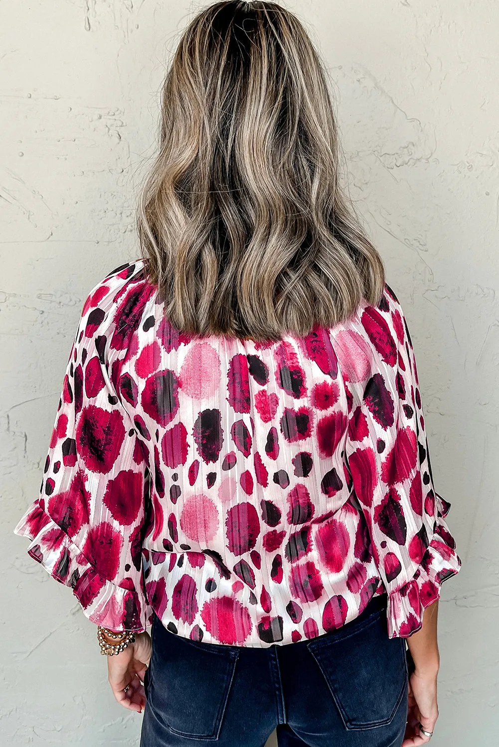 Rose Metallic Threading Accents Pleated Abstract Printed Ruffled 3/4 Sleeve Blouse