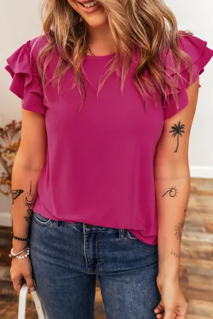 Rose Red Short Ruffle Sleeve Round Neck Blouse