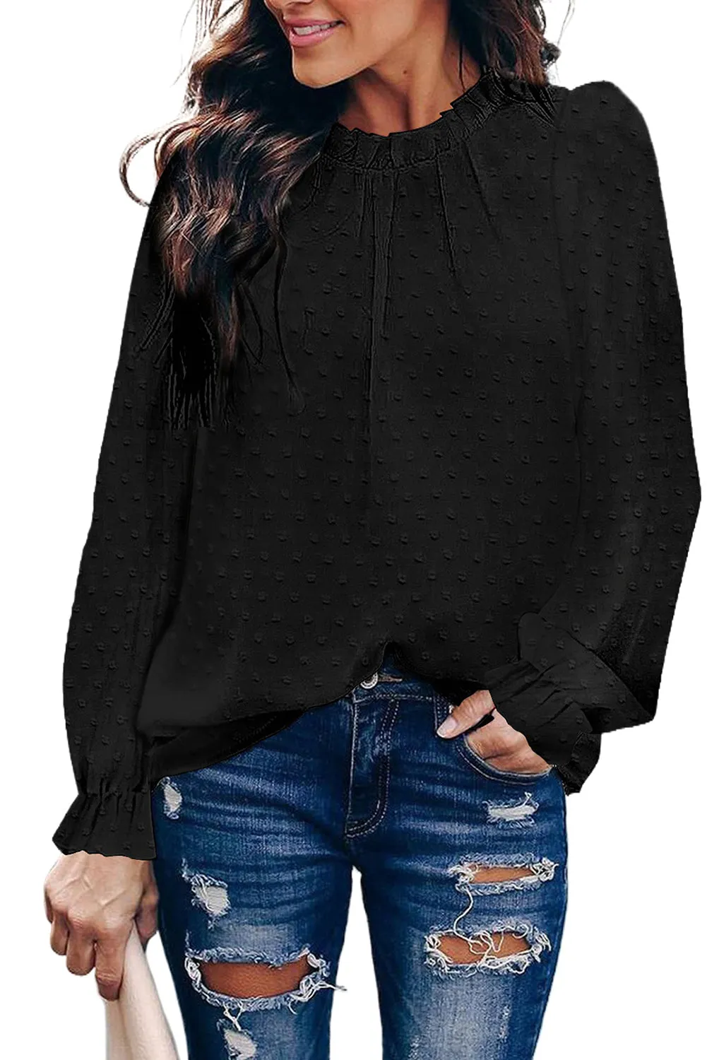 Ruffled Crewneck Swiss Dot Bubble Sleeve Blouse