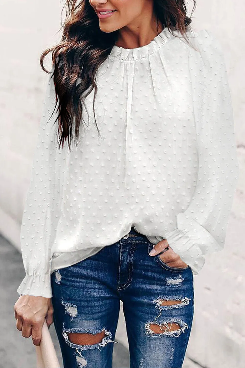 Ruffled Crewneck Swiss Dot Bubble Sleeve Blouse