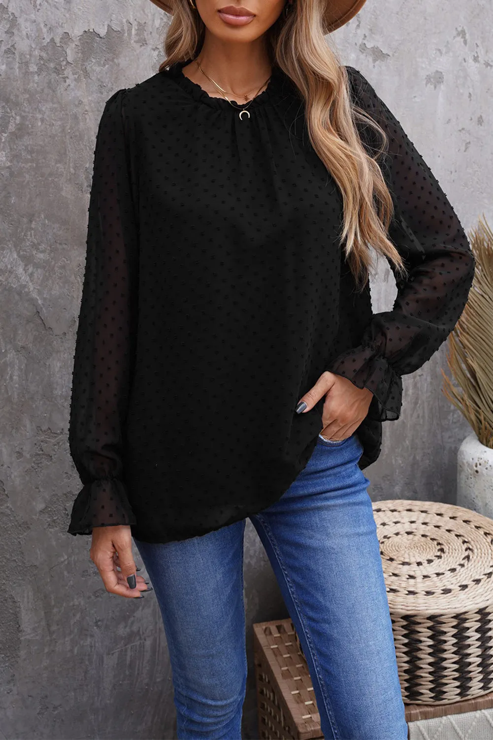 Ruffled Crewneck Swiss Dot Bubble Sleeve Blouse