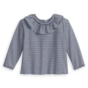Ruffled Jersey Blouse -- Navy/White Thin Stripe