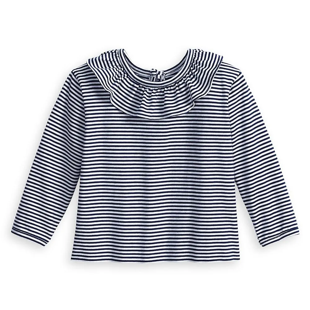 Ruffled Jersey Blouse -- Navy/White Thin Stripe