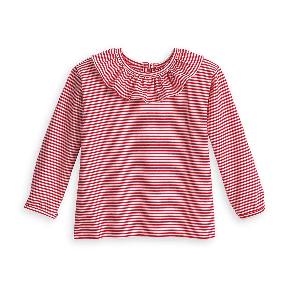 Ruffled Jersey Blouse -- Red/White Thin Stripe