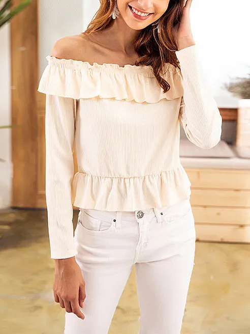 Ruffled Knit Top Sexy Necklined Navel Long Sleeve T-Shirt