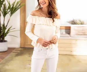 Ruffled Knit Top Sexy Necklined Navel Long Sleeve T-Shirt