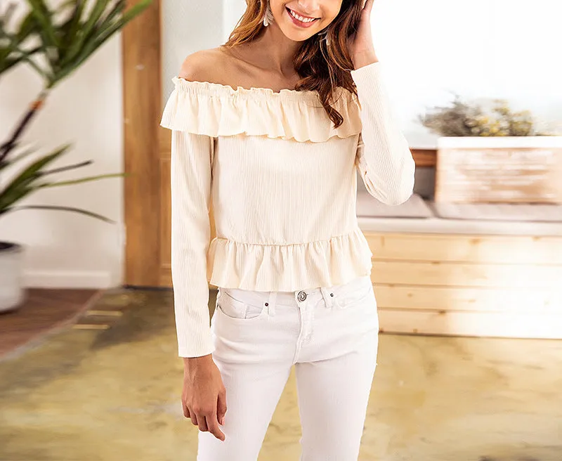 Ruffled Knit Top Sexy Necklined Navel Long Sleeve T-Shirt