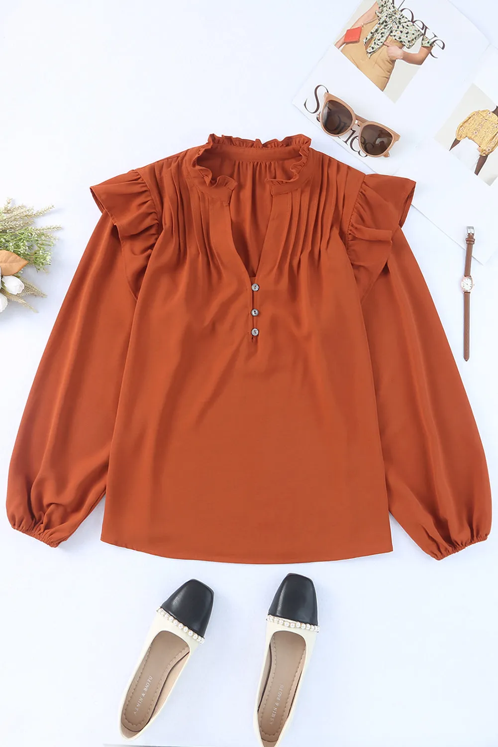 Ruffled Pleated Buttoned V Neck Blouse