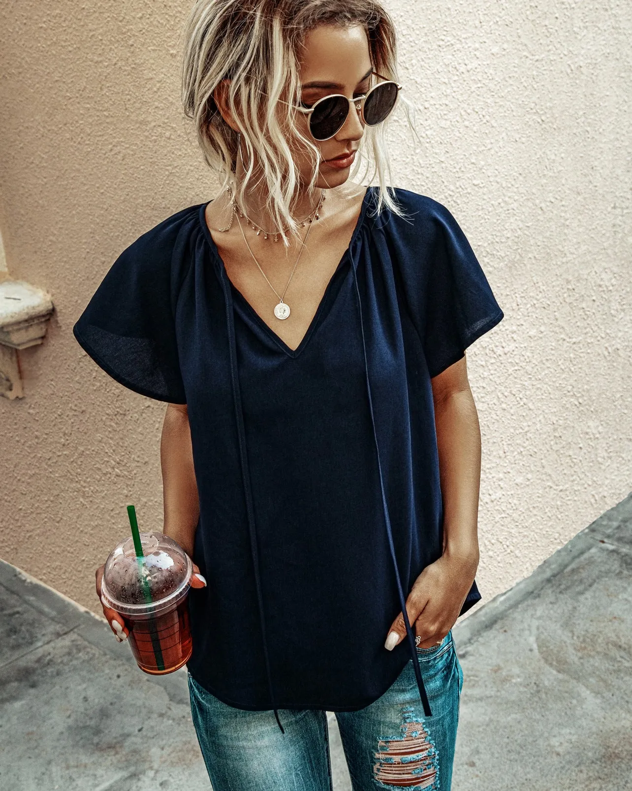Ruffled Sleeves Lace-up V-neck Blouses T-shirt