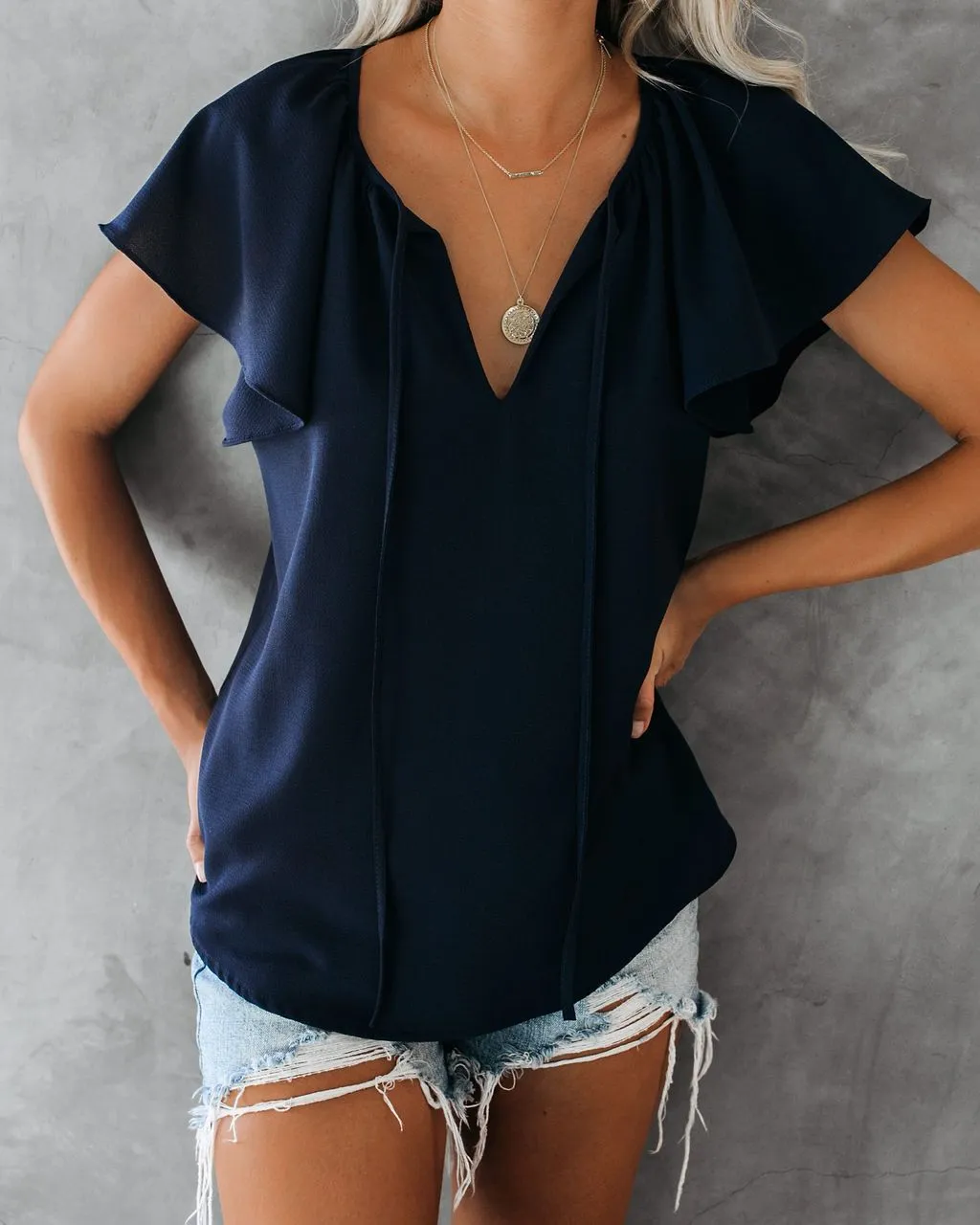 Ruffled Sleeves Lace-up V-neck Blouses T-shirt